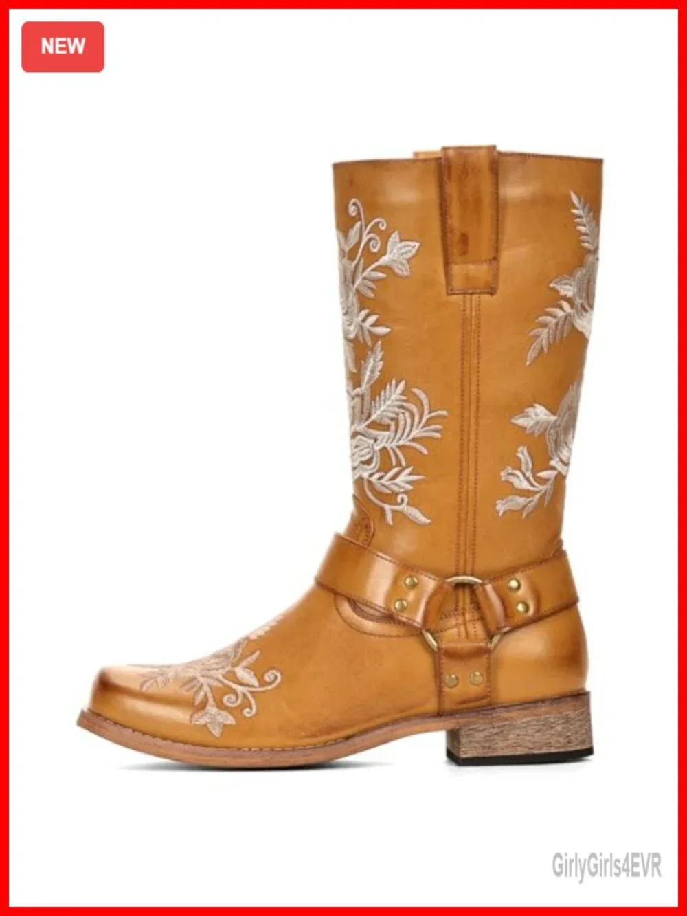 Women's Mid Calf Cowgirl Boots with Square Toe and Floral Embroidery Faux